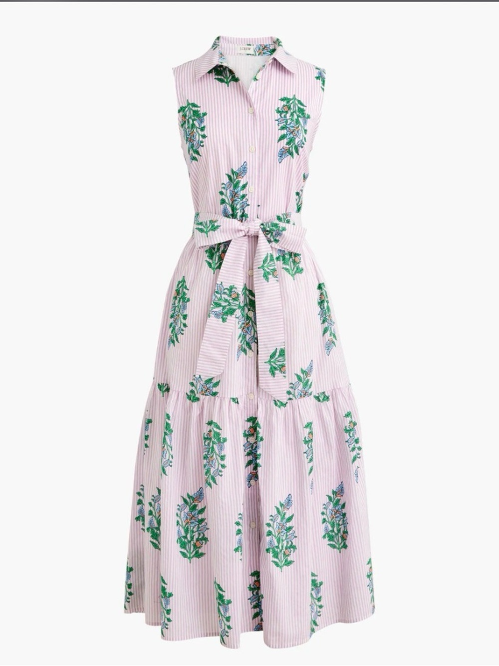 J. Crew Pink Striped Maxi Dress with Green Floral Print and Tie Waist